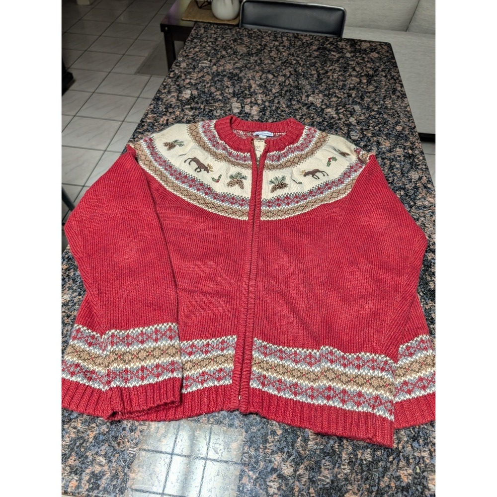 Croft & Barrow Knit Christmas Cardigan Size Large Holly Berries Full Zipper